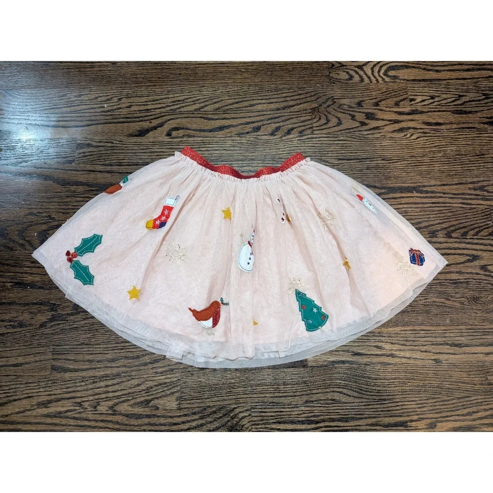 Mini Boden Skirt Pink Tulle Santa Snowman Christmas Holiday Sz 9-10 Embroidered